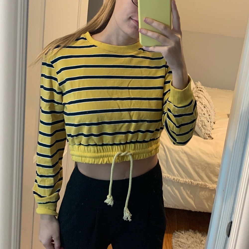 Yellow Striped Cropped Sweatshirt